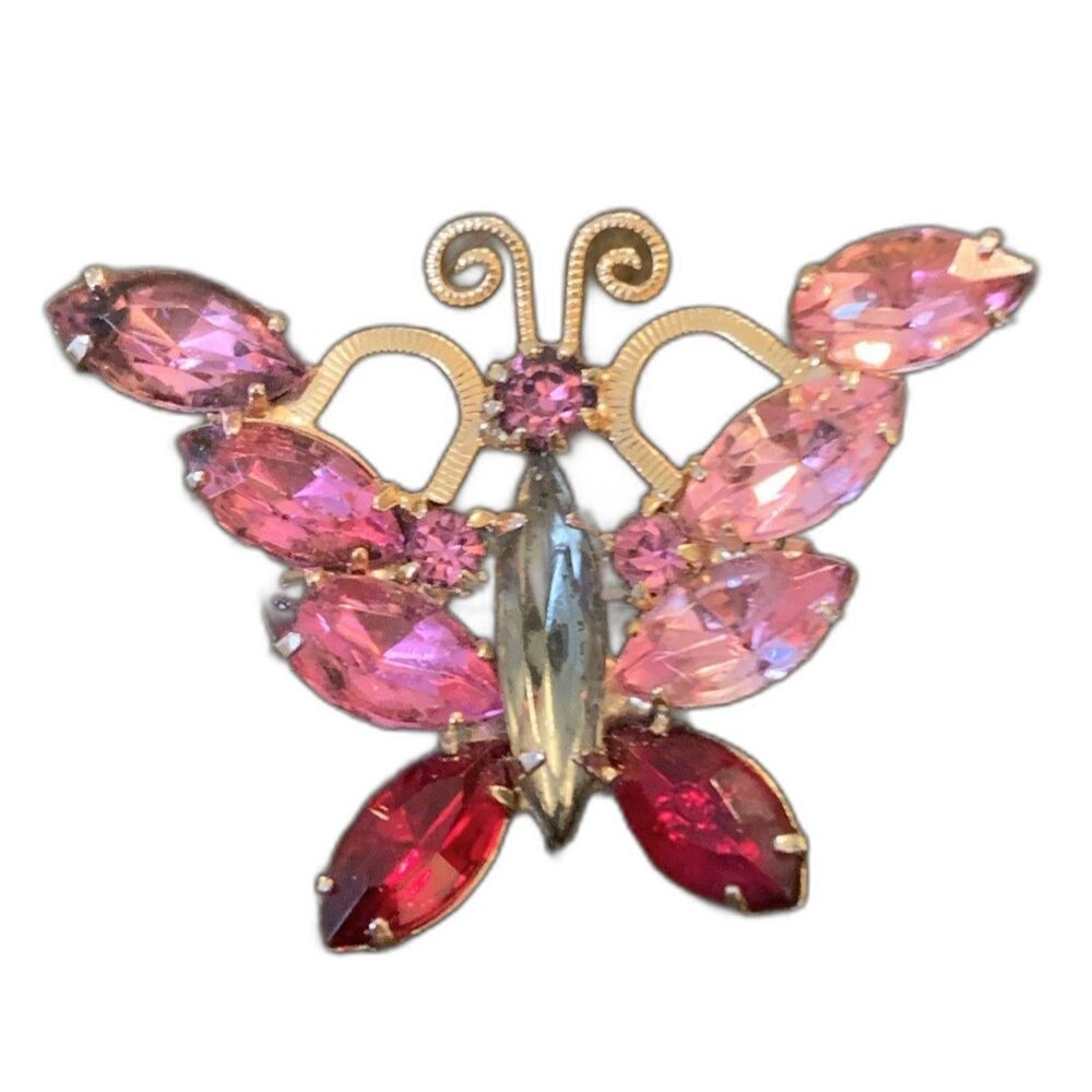 Vintage Rhinestone Butterfly Brooch Pink Red Aurora Borealis Wings MCM Costume